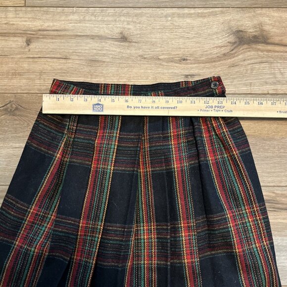 Wimbleton by Hartwell Pleated Midi Skirt SZ 6 Black Plaid Green Red Wool Blend - Picture 5 of 8